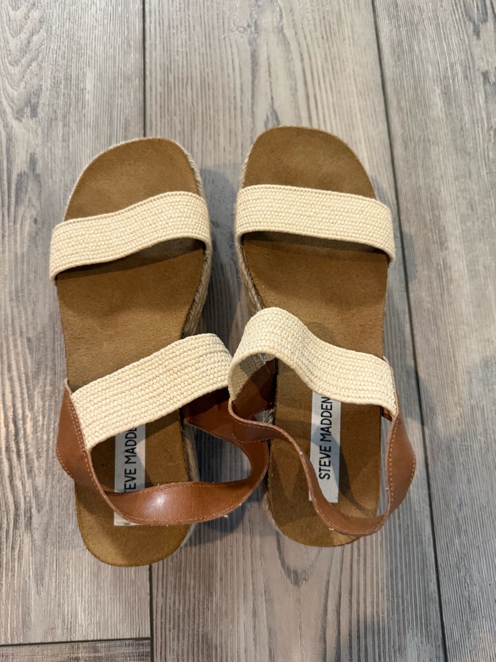 Steve Madden Cream and Brown Woven Wedge Sandals